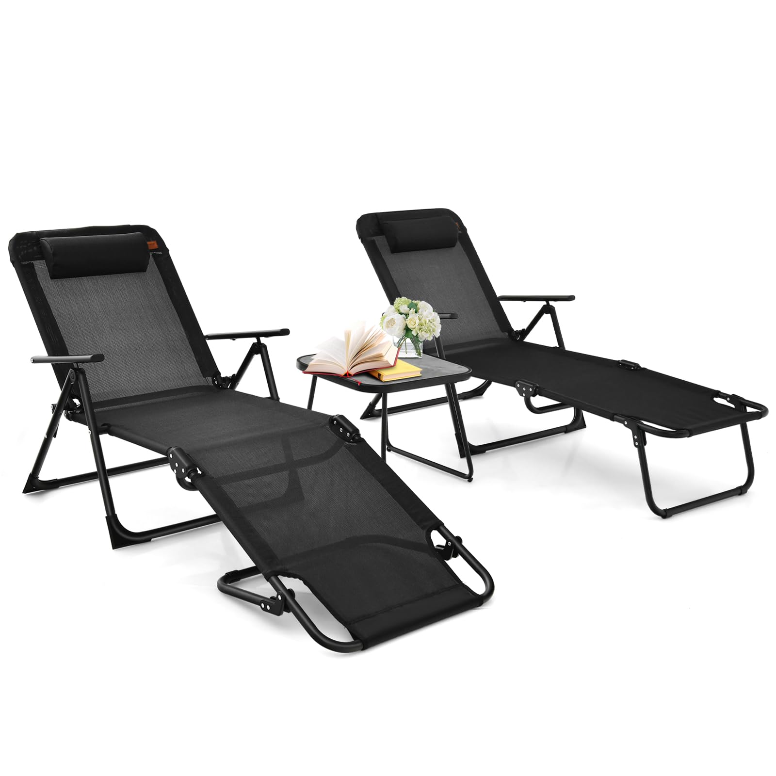 Tangkula Ensemble 3 Pièces Chaises Longues Pliantes d'Extérieur, 2 Chaises Inclinables et 1 Table de Bistro de Patio